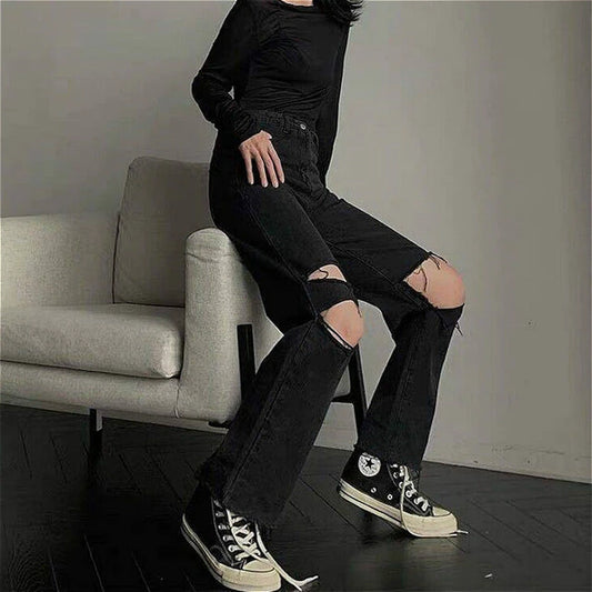 Jeans Women Denim Baggy High Waist Hole Teens Streetwear All-Match Popular Boyfriend Straight Korean Trendy Trousers Hot Sale